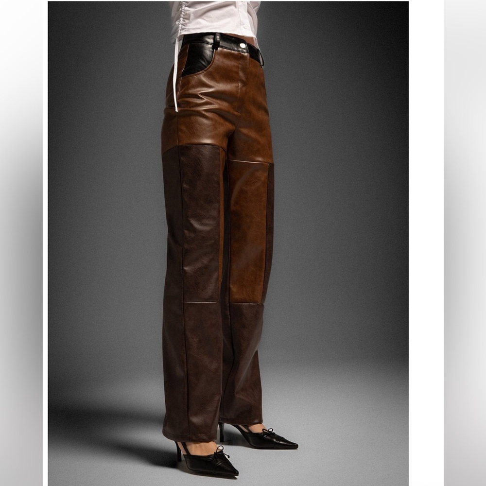 “LAAGAM” Two-Tone Colorblock Buffalo Vegan Leather Pants